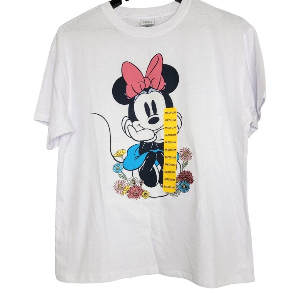 Disney Minnie Mouse Floral Graphic Tee Womens Medium White T Shirt NWT